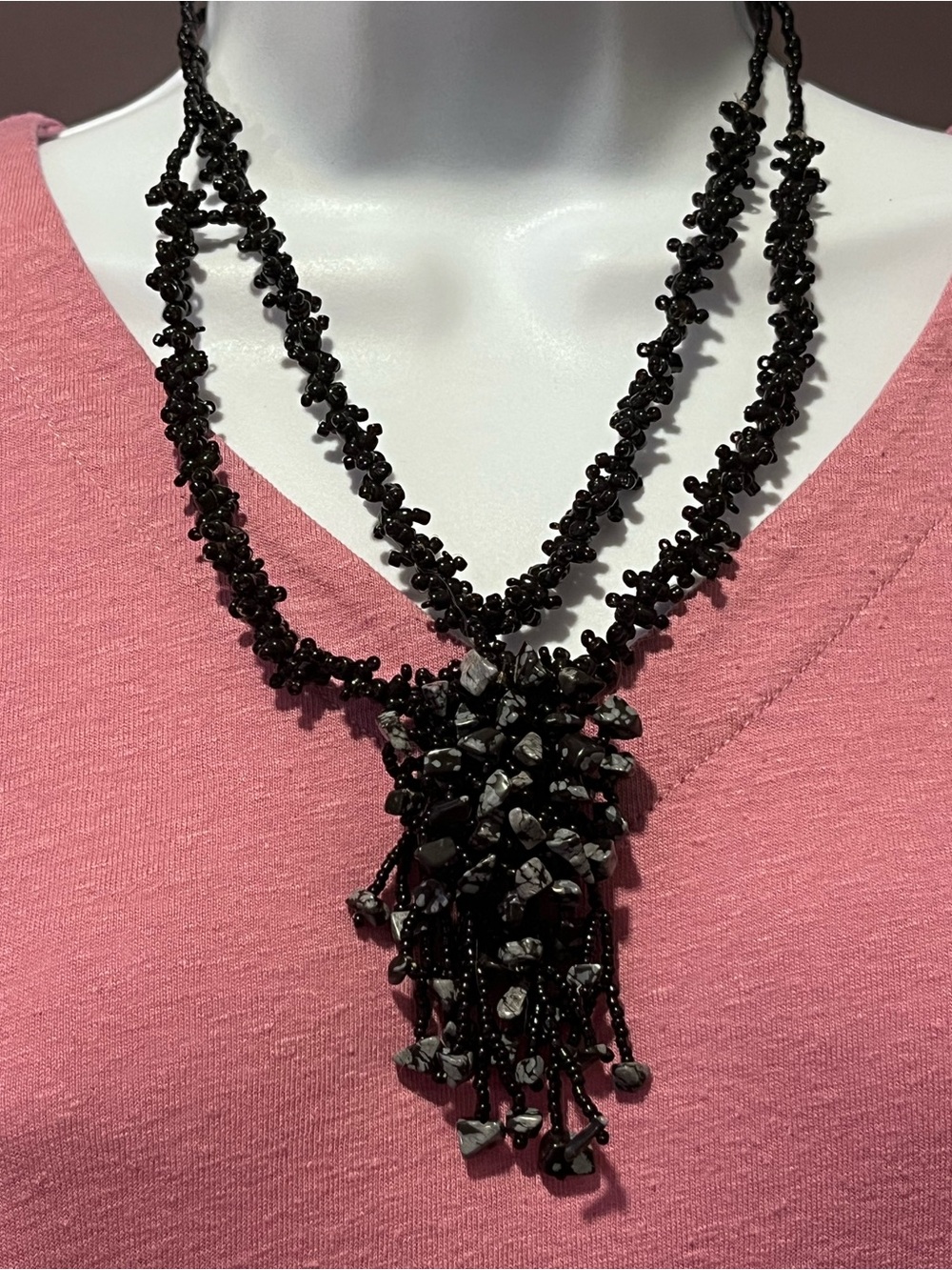 Vtg Handmade Black Beaded Tassel Necklace - Women Jewelry